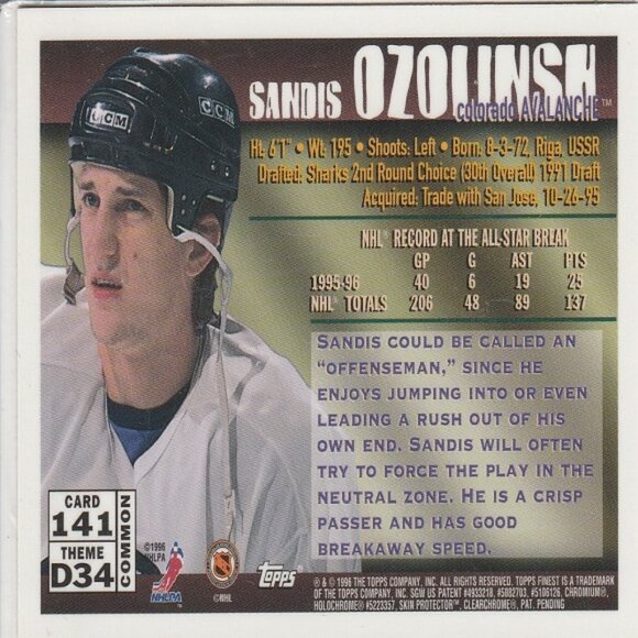 Sandis Ozolinsh (Colorado Avalanche) 1996 Topps Finest Defenders Series Card - Picture 2 of 2